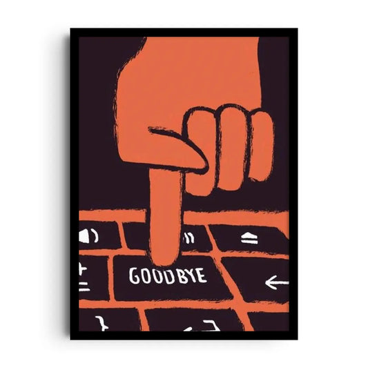 Framed retro pop-art poster of a big shiny goodbye button in bold bright colors