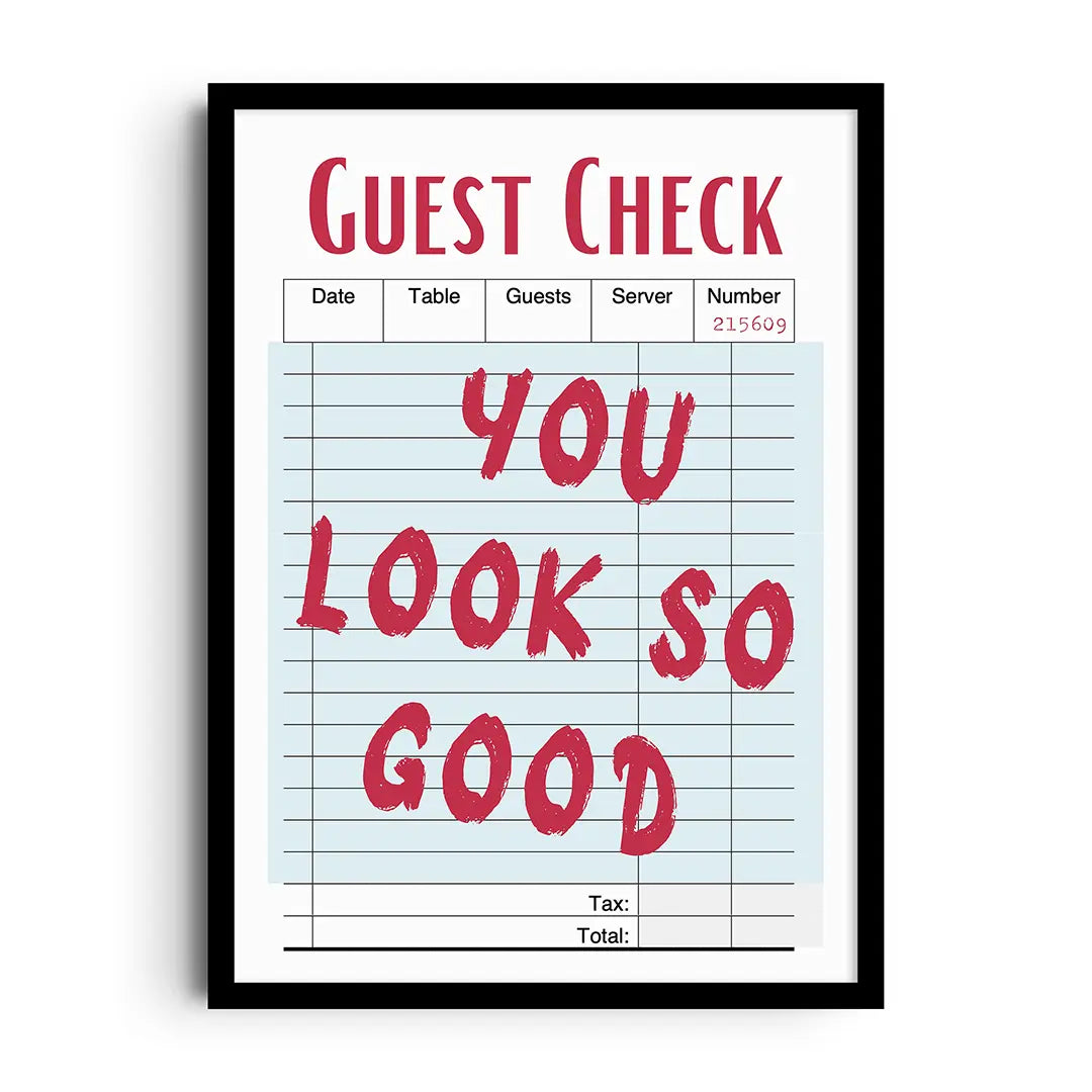 Framed poster styled as a retro diner guest check order pad in soft pastel colors