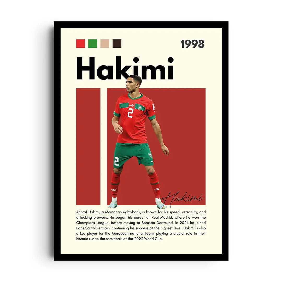 Framed poster of Moroccan footballer Achraf Hakimi in an athletic dynamic layout with a bold palette