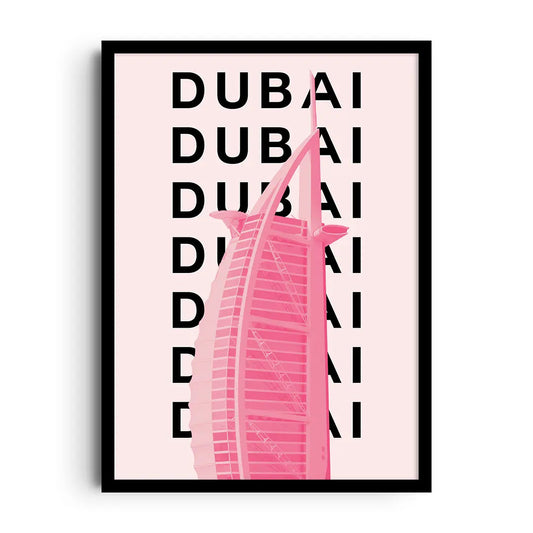 Framed poster of the Dubai skyline with tall towers in modern colours, sleek city wall art