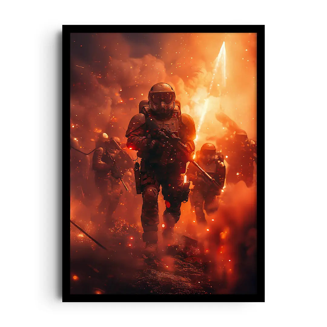 Framed poster of a fiery guardian figure made of embers and circuit lines, intense fantasy gaming art