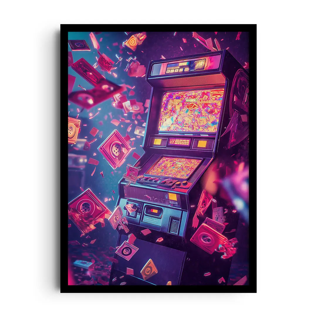 Framed poster with classic arcade game graphics and an insert coin theme in a modern colour palette