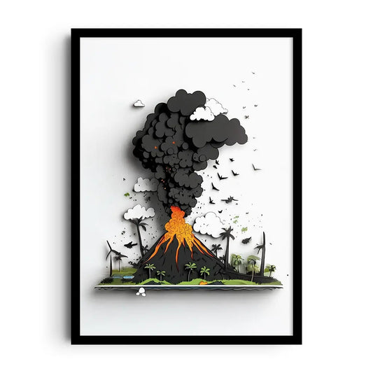 Framed abstract poster of a volcanic island eruption in molten orange and deep ocean blue tones