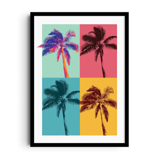 Framed tropical pop art poster with palm leaves and bright island colors
