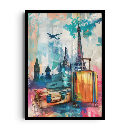 Framed poster of sweeping jet contrail lines streaking across an open sky in a refined palette