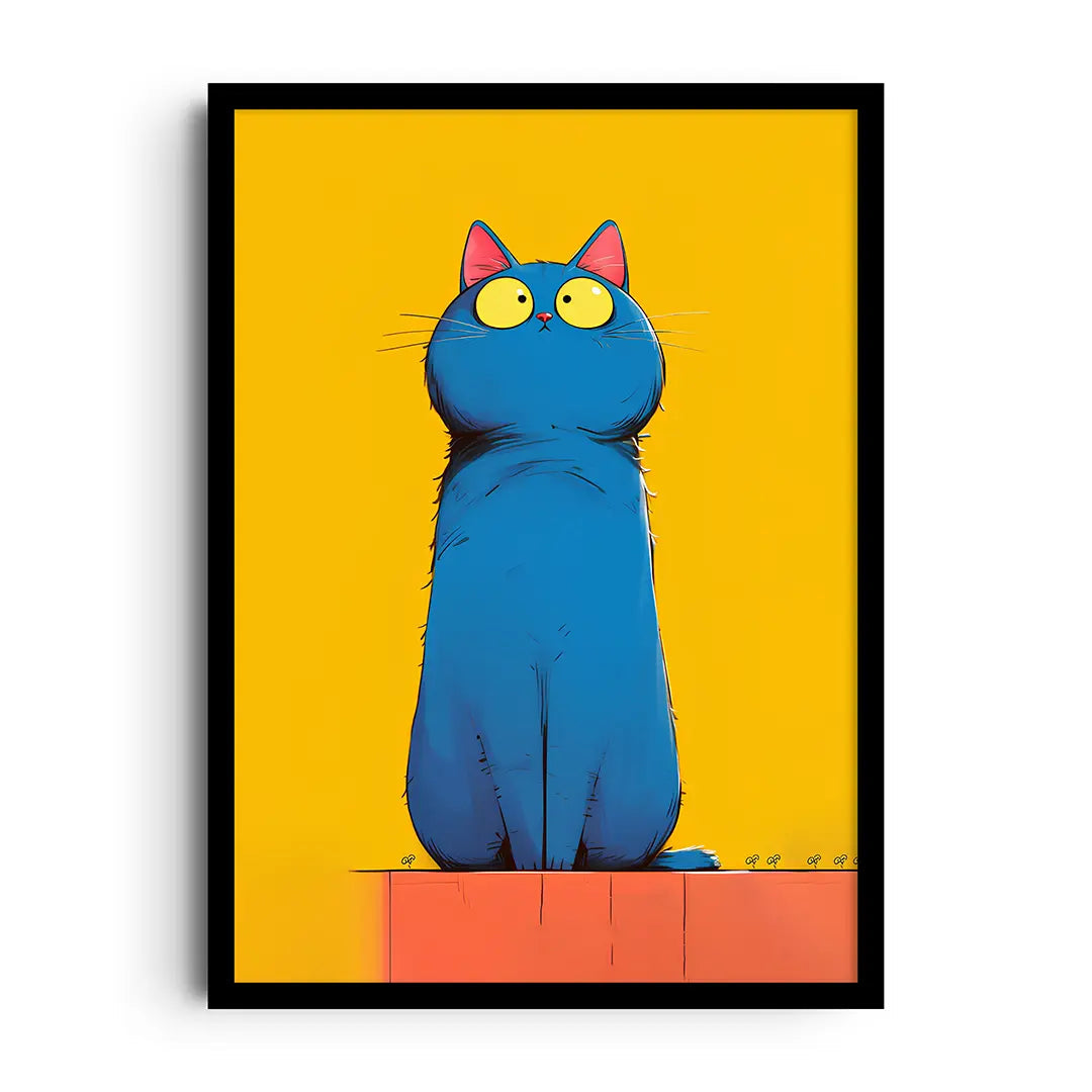 Framed pop art poster of a playful cat in bold colour blocks with simple mid-century lines