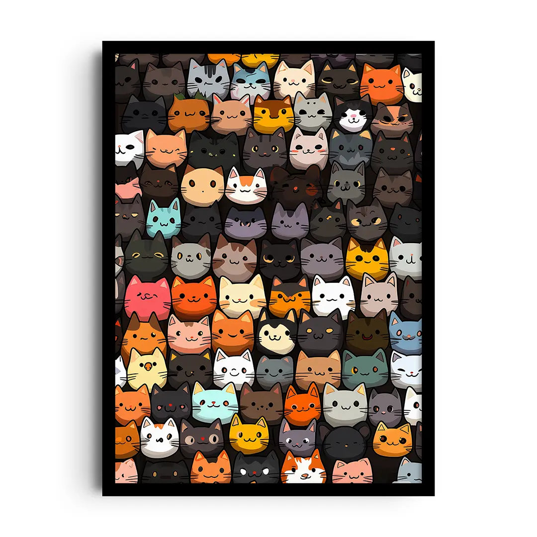 Framed colorful poster of mischievous kittens playing with yarn in a busy, cheerful scene