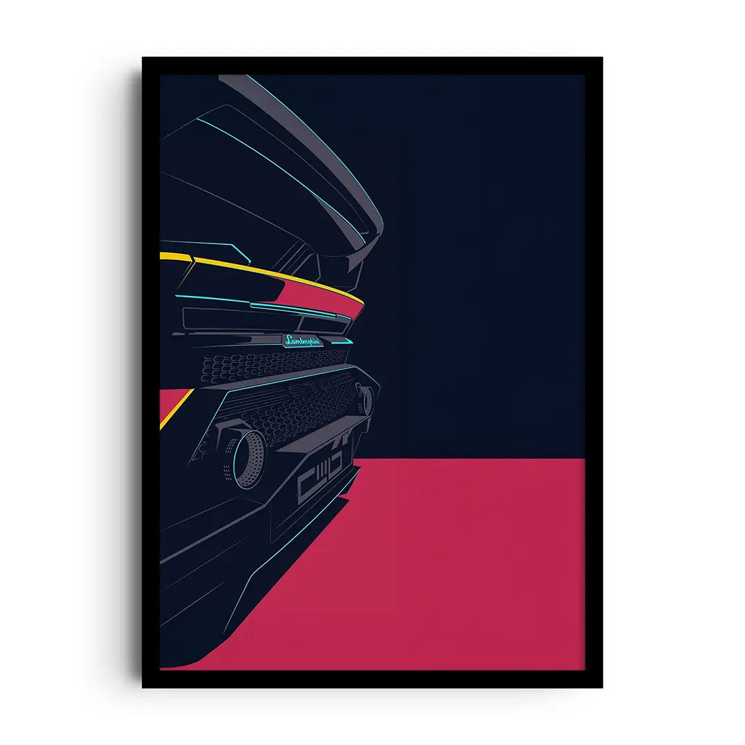 Framed poster of a wedge-shaped supercar silhouette glowing in neon color gradients, futuristic car wall art