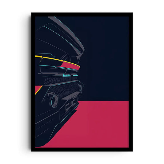 Framed poster of a wedge-shaped supercar silhouette glowing in neon color gradients, futuristic car wall art