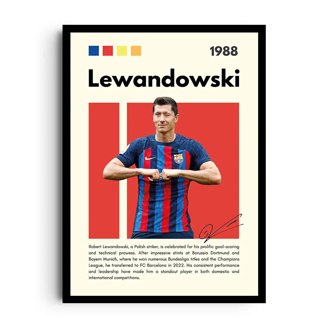 Framed poster of striker Robert Lewandowski in a striking, motion-filled football composition