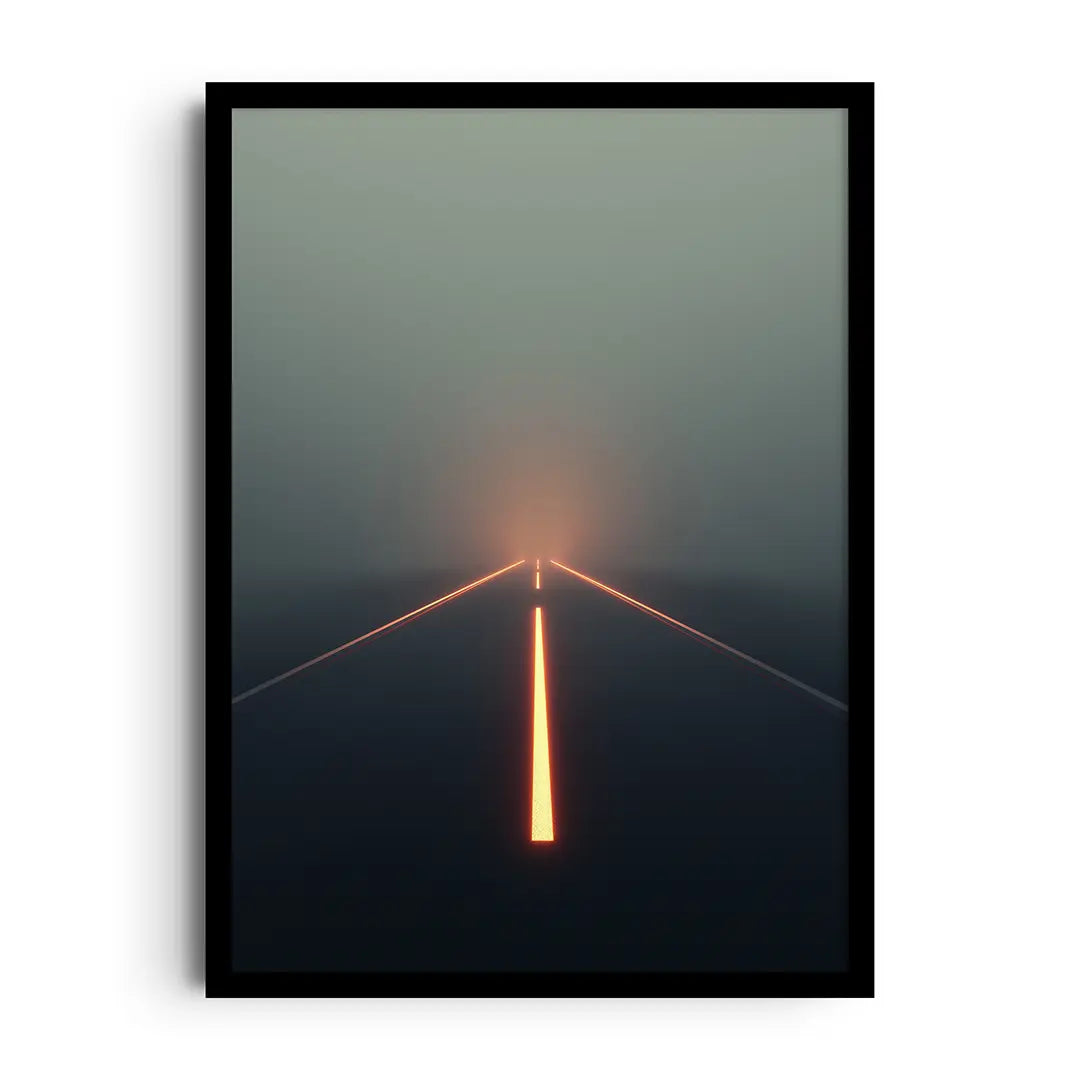 Framed poster of a lonely highway at night lit by headlights in vintage film-noir tones, moody road wall art