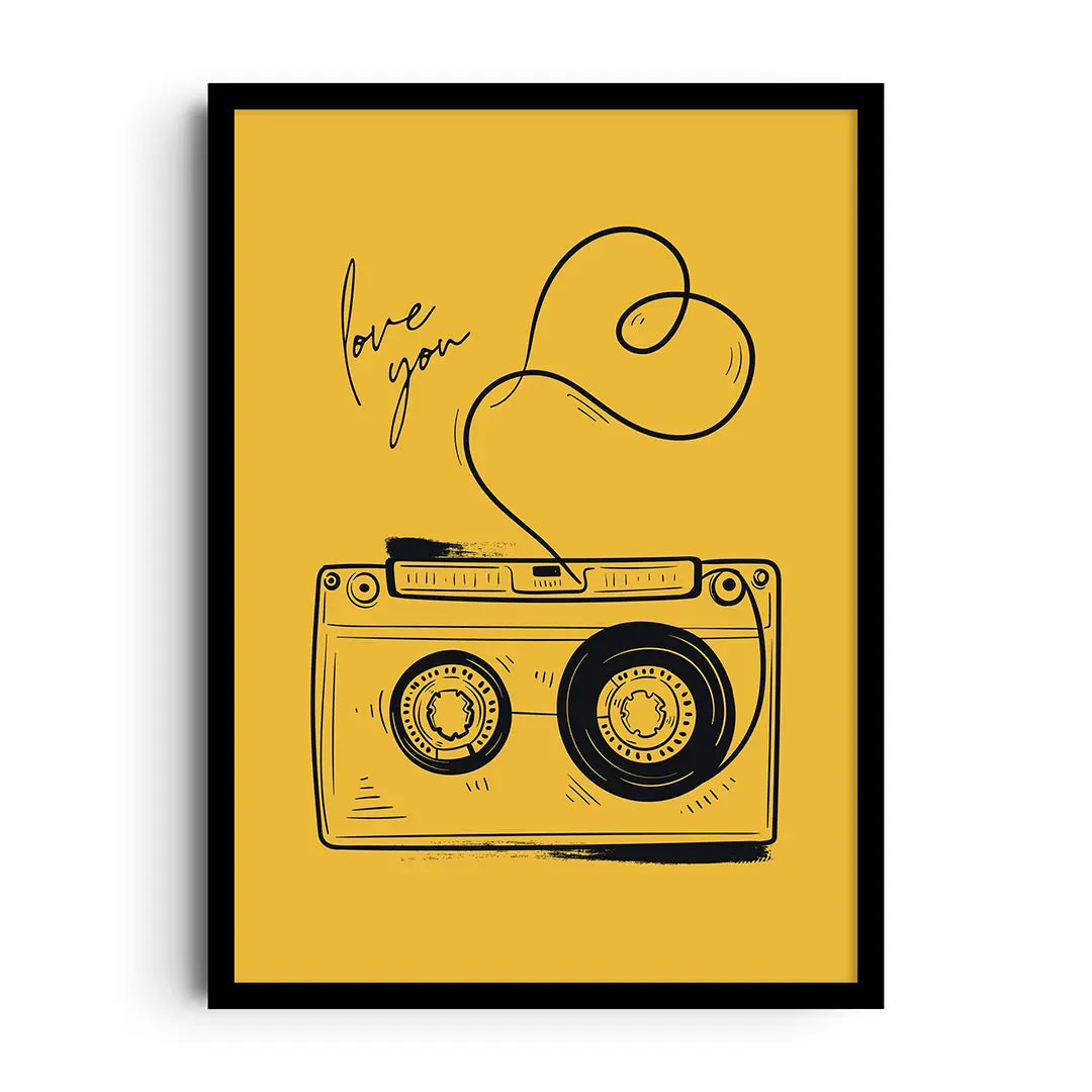 Framed poster of a retro collage with adhesive tape strips and minimalist love typography