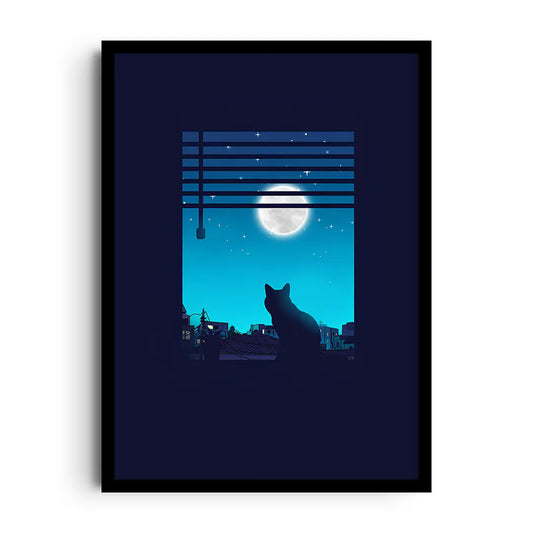 Framed minimalist poster of a crescent moon silhouette glowing against a deep dark backdrop