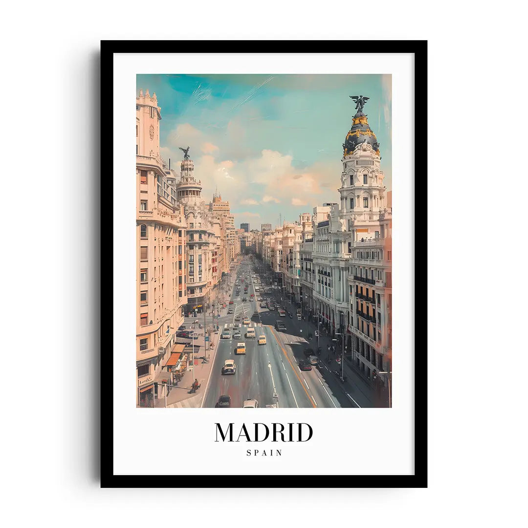 Framed poster of Madrid's sunlit plazas and classic architecture in warm golden tones