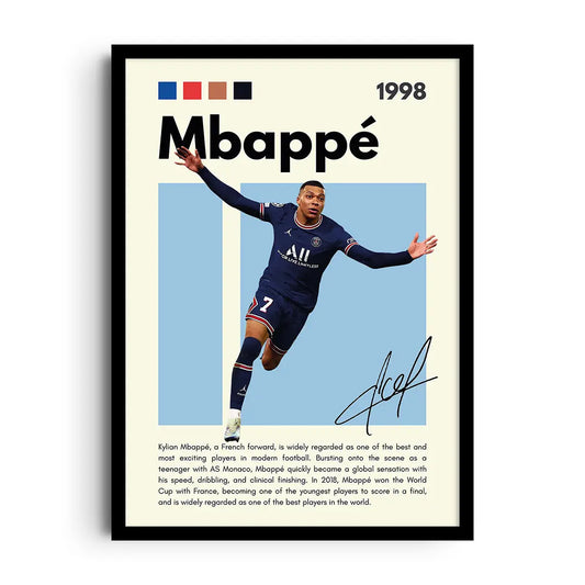 Framed poster of French footballer Kylian Mbappé in a powerful matchday pose, modern football art
