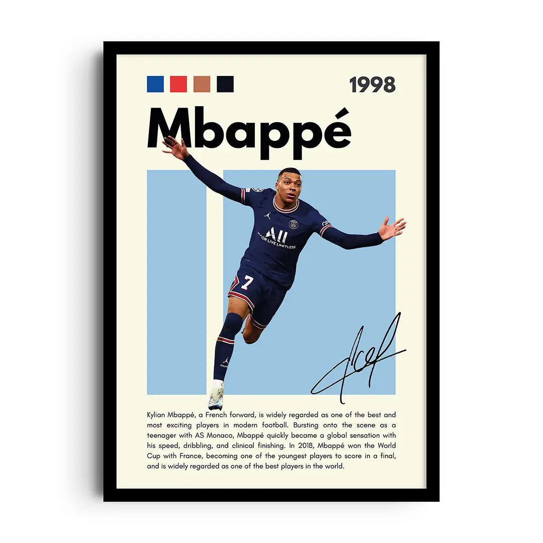 Framed poster of French footballer Kylian Mbappé in a powerful matchday pose, modern football art