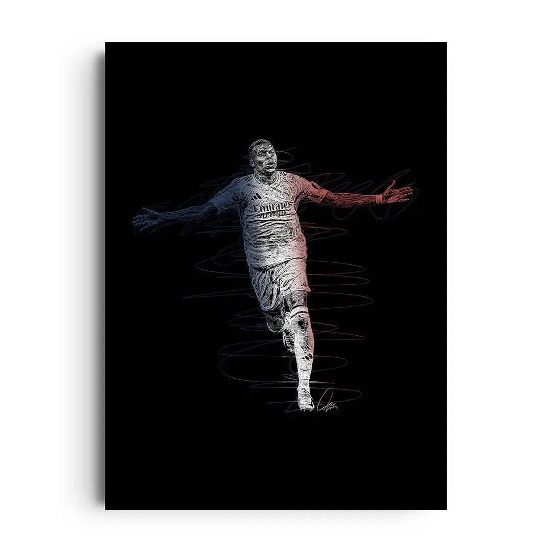 Framed poster of Kylian Mbappé sprinting with streaking motion lines, dynamic football wall art