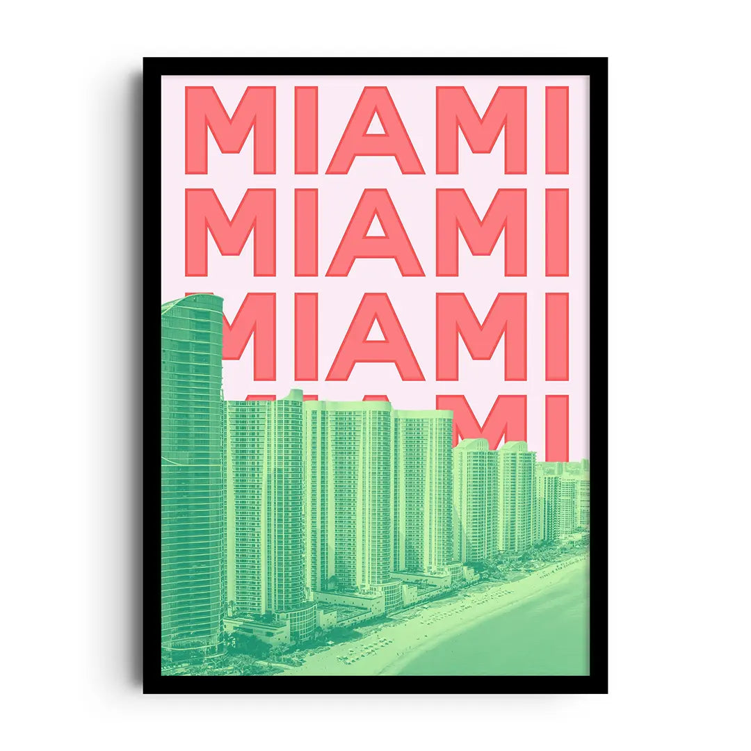 Framed poster of an abstract Miami-inspired colour block grid in bright cheerful tones