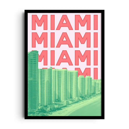 Framed poster of an abstract Miami-inspired colour block grid in bright cheerful tones
