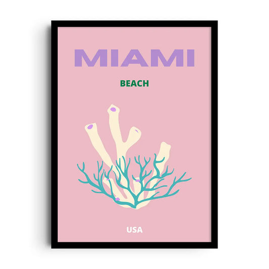 Framed poster of a retro neon Miami skyline with glowing palm trees in pink and teal tones