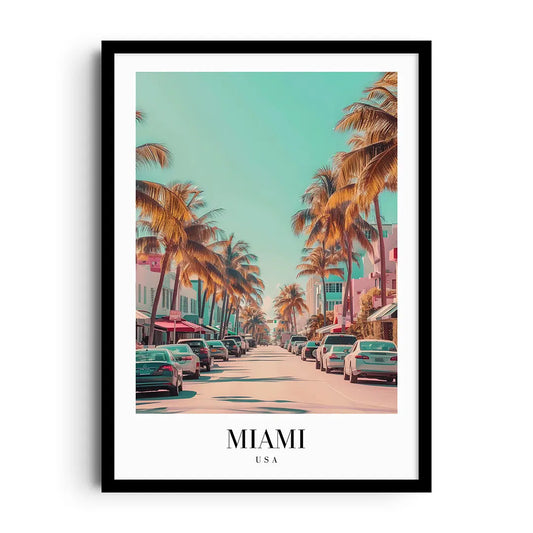 Framed poster of Miami art deco geometry and palm silhouettes against a warm coral sunset