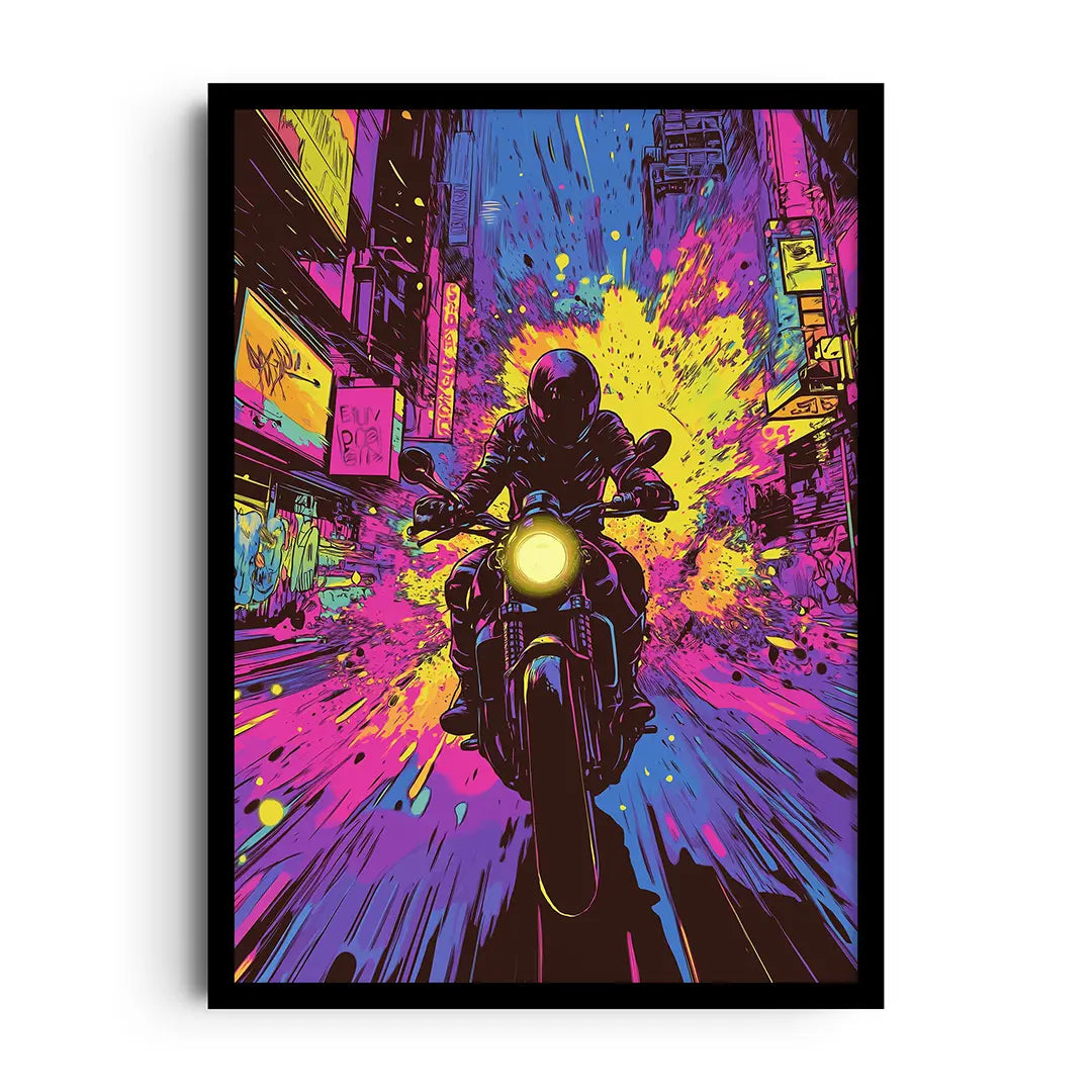 Framed poster of a race car speeding through inky darkness with streaks of light, moody night racing wall art