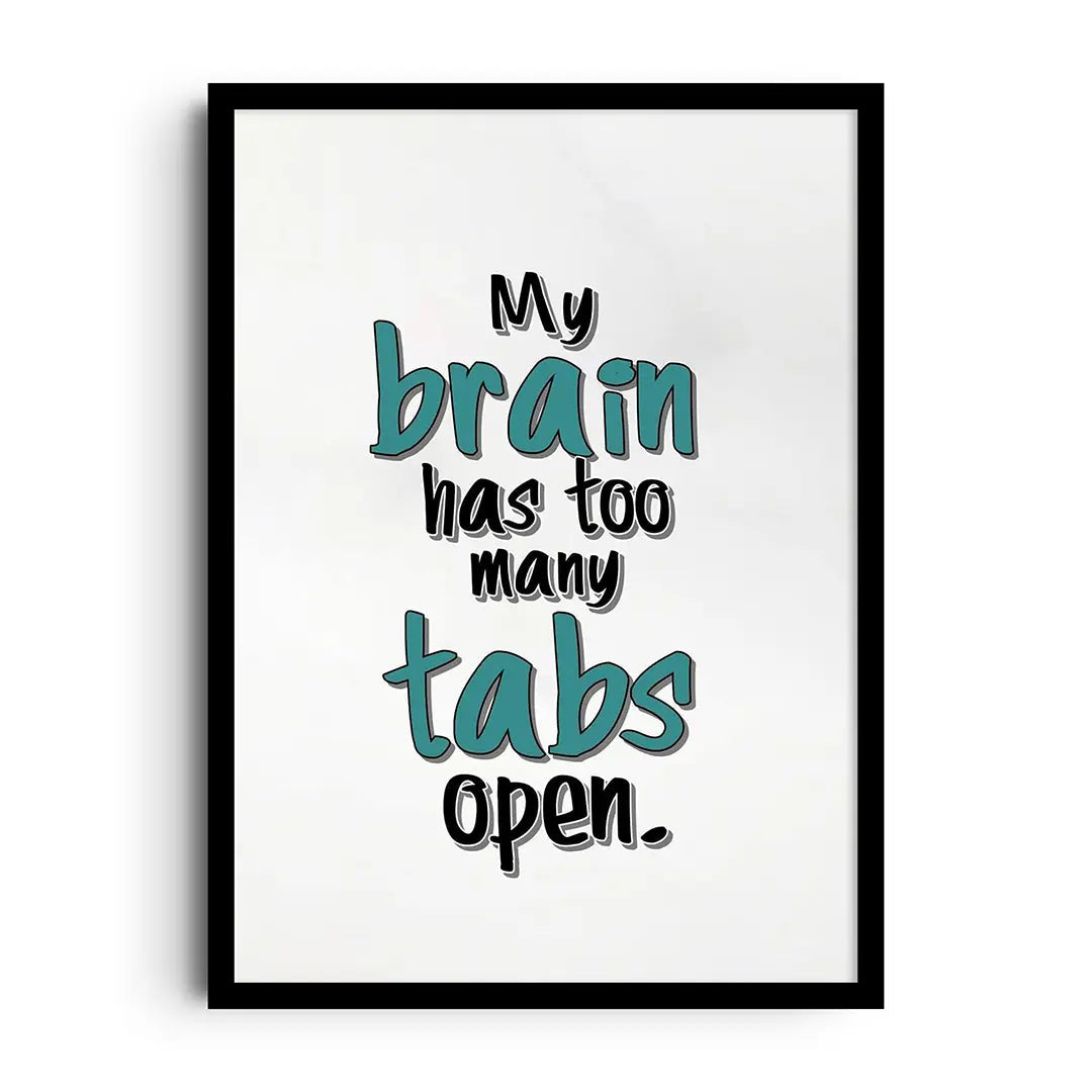 Framed poster of a busy head bursting with swirling ideas, doodles and sparks in an energetic graphic style