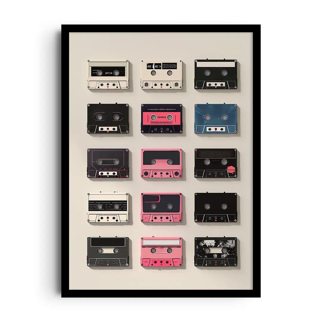 Framed retro poster of a colorful cassette mixtape tape in playful vintage tones
