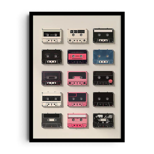 Framed retro poster of a colorful cassette mixtape tape in playful vintage tones