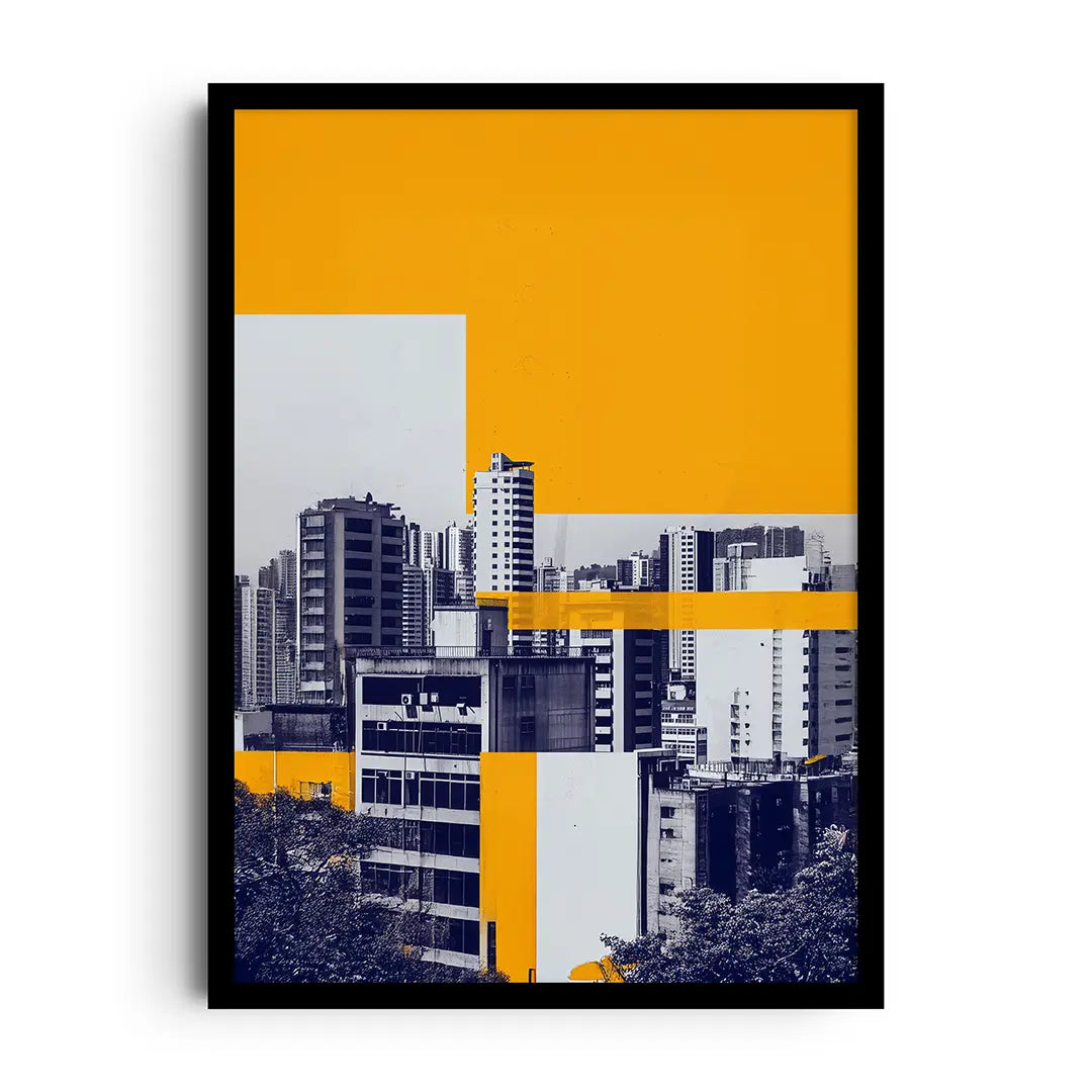 Framed poster of a minimalist city skyline silhouette against a softly graded sky