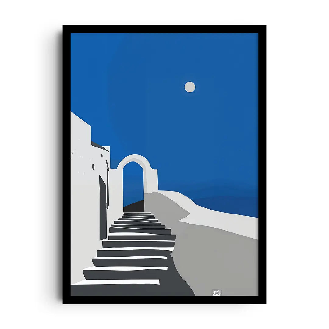 Framed poster of the moon's phases arranged along an architectural arch in calm modern tones