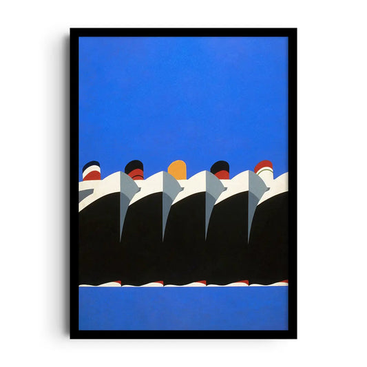 Framed poster where sea meets sky in soft blue gradients and simple geometric shapes