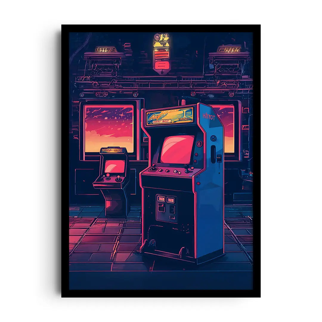 Framed poster of a glowing 1980s neon arcade with bold geometric lines and cinematic colour