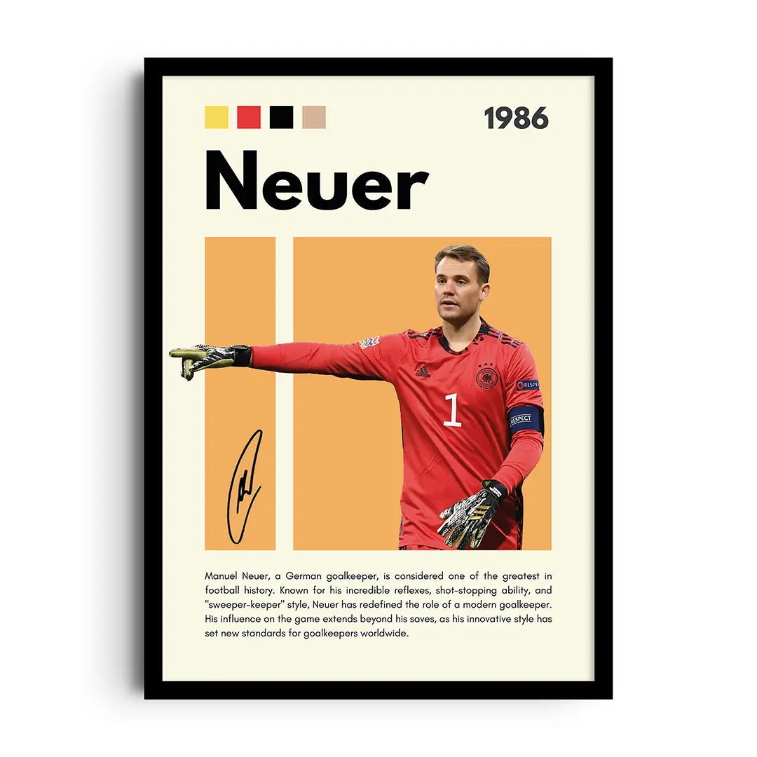 Framed poster with an iconic goalkeeper silhouette of Manuel Neuer, dynamic lines and team-style type
