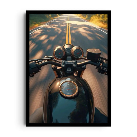 Framed poster of a car driving toward a wide open horizon in a calm timeless palette, open road wall art