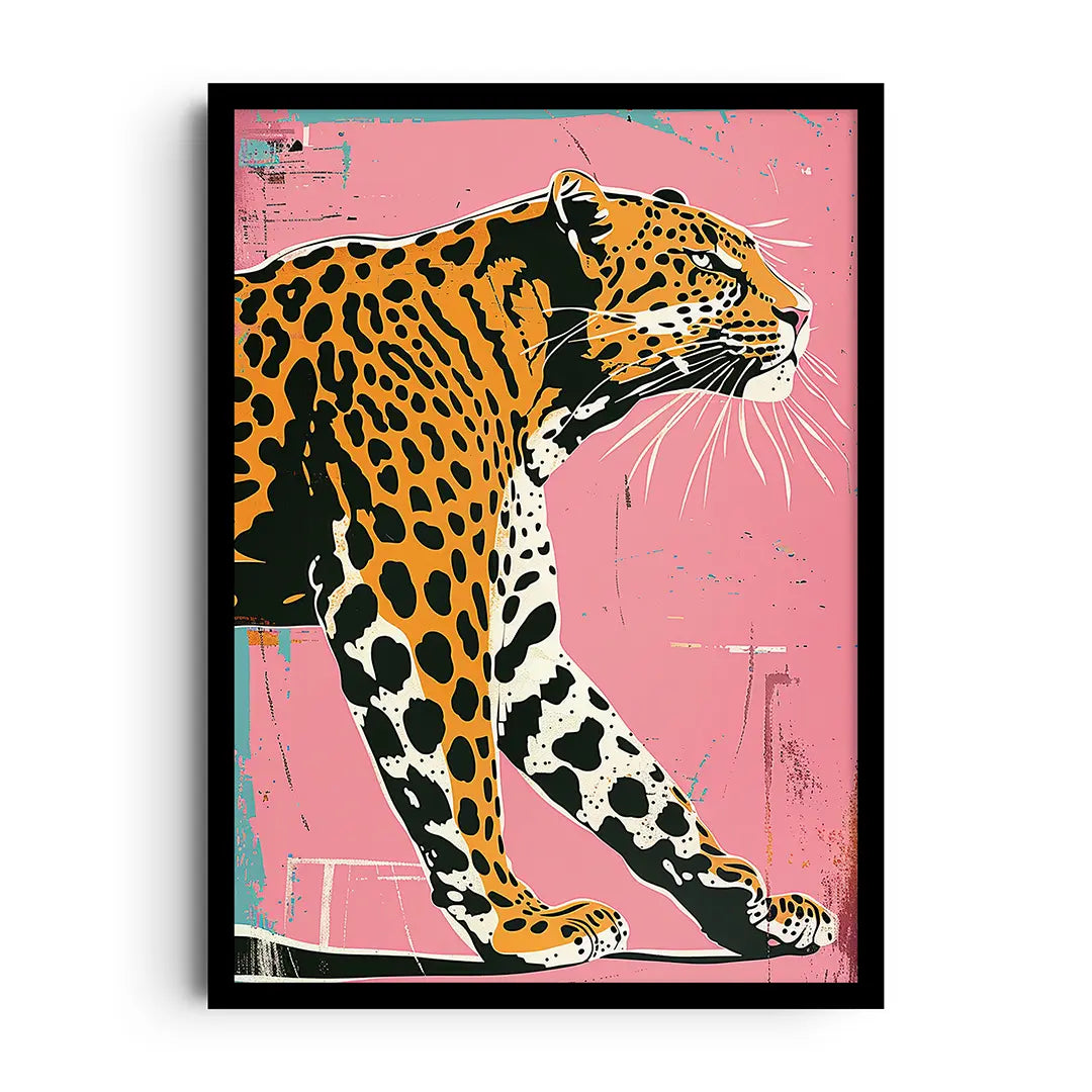 Framed poster of a pink savanna scene with safari animal silhouettes and soft botanicals for a nursery wall