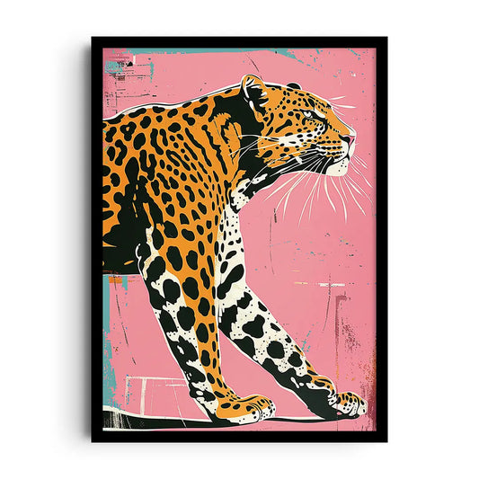 Framed poster of a pink savanna scene with safari animal silhouettes and soft botanicals for a nursery wall
