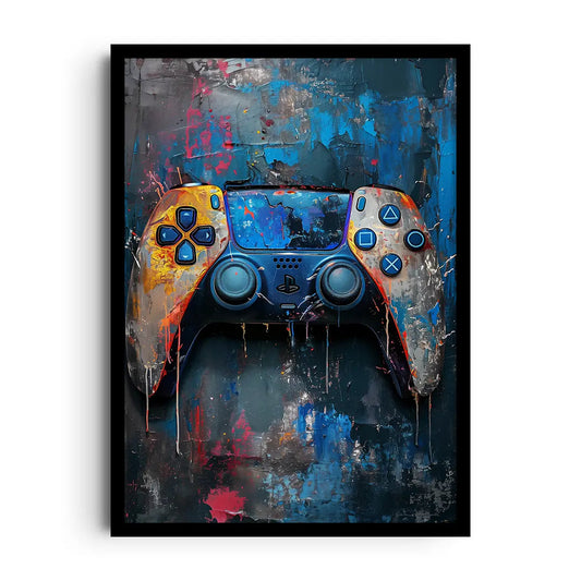 Framed poster of drifting retro pixel shapes with neon accents, modern gaming wall art