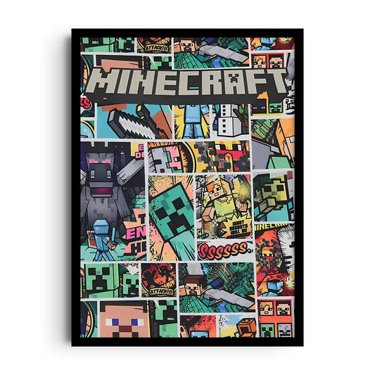 Framed poster of colourful arcade pixel invaders in a bold geometric layout, retro gaming wall art