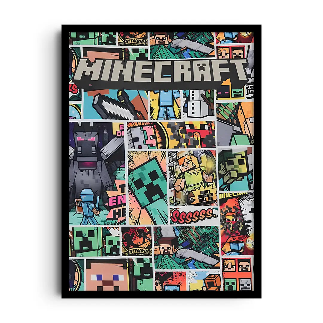 Framed poster of colourful arcade pixel invaders in a bold geometric layout, retro gaming wall art