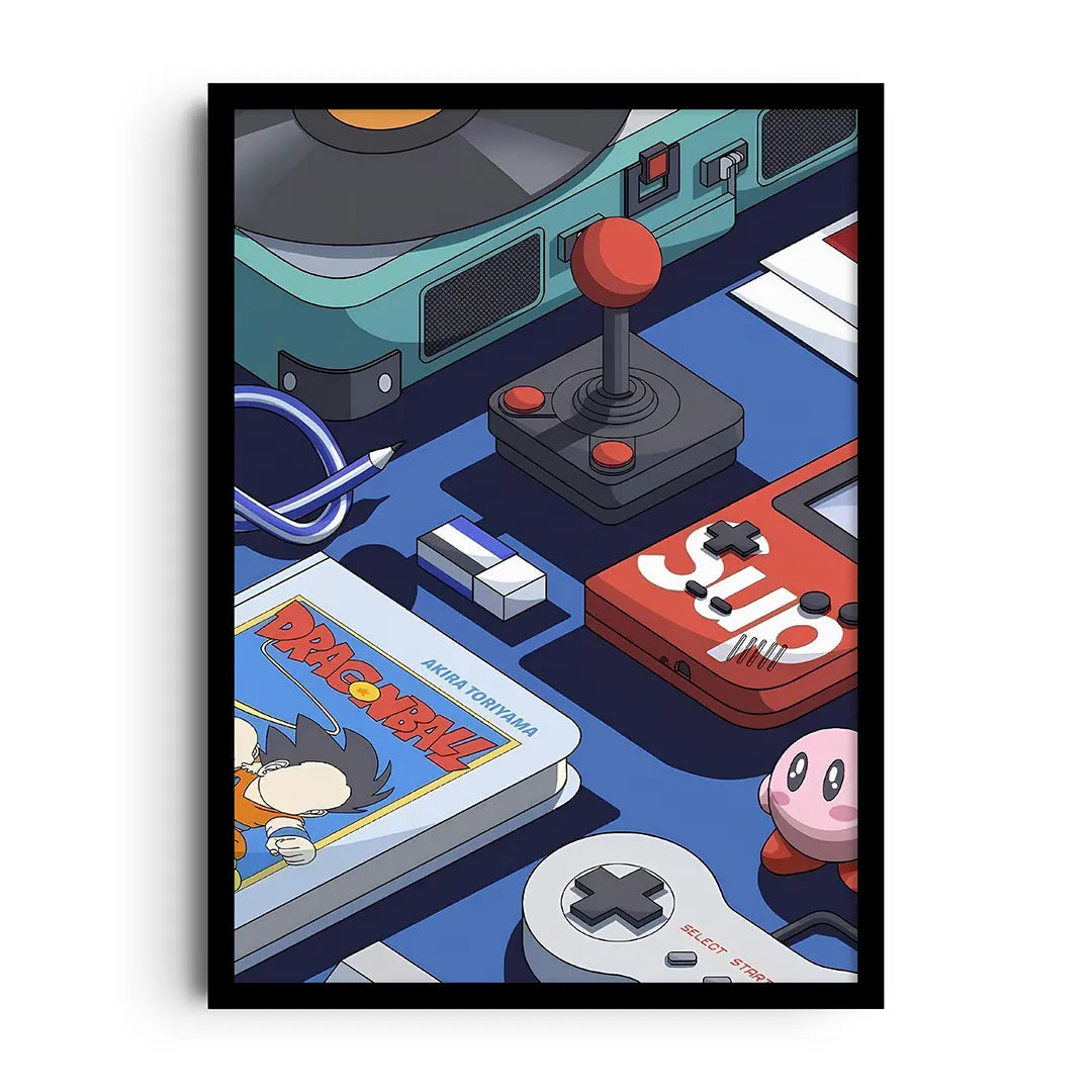 Framed poster of cheerful 8-bit pixel graphics with modern colour blocks, nostalgic gaming wall art