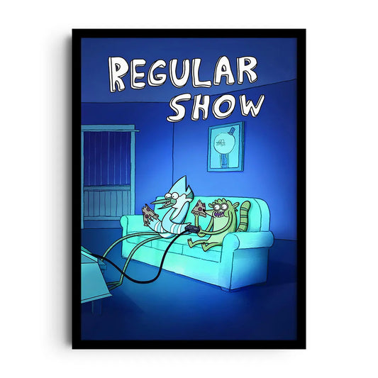 Framed retro pixel-art poster of heroic pizza slices in a playful arcade gaming style