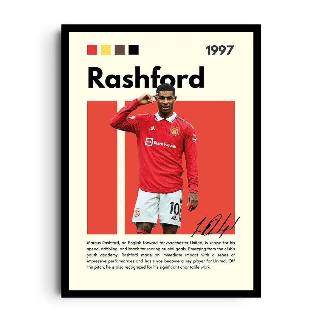 Framed action poster of Marcus Rashford with team-driven colours and textured football detailing
