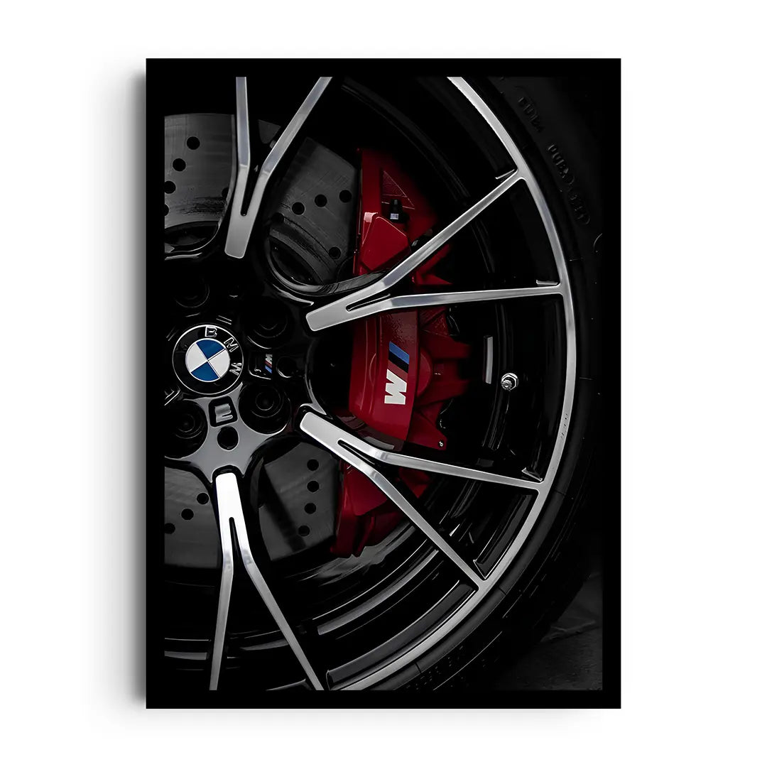 Framed poster close-up of a vivid red brake caliper behind a performance wheel, bold automotive detail wall art