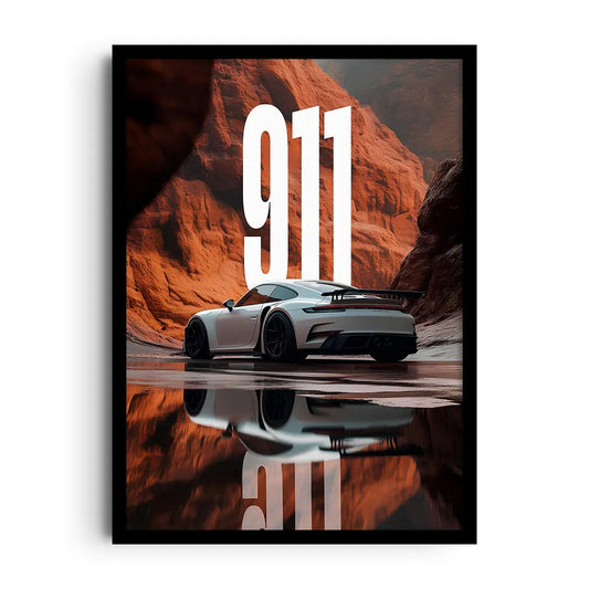 Framed poster of an iconic sports car silhouette with chrome highlights and mirrored reflections, sleek car wall art