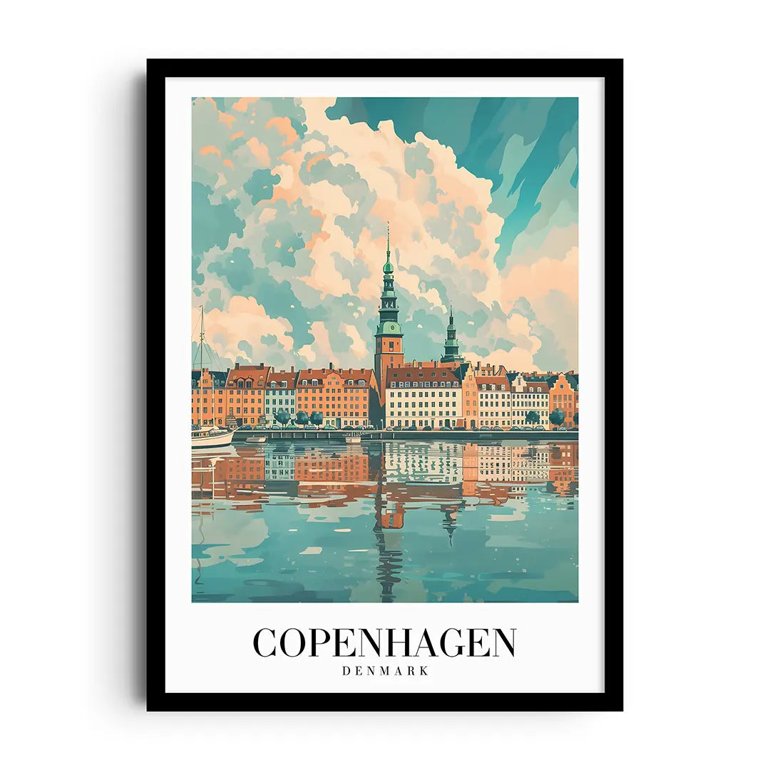 Framed poster of pastel canal-side houses in Copenhagen drawn in calm Scandinavian style