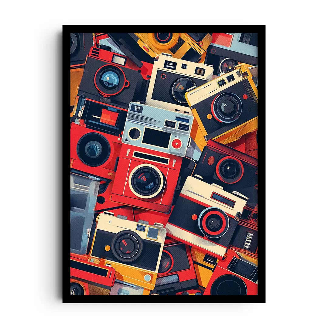 Framed poster of a retro optical collage with layered camera lens circles and bright color blocks