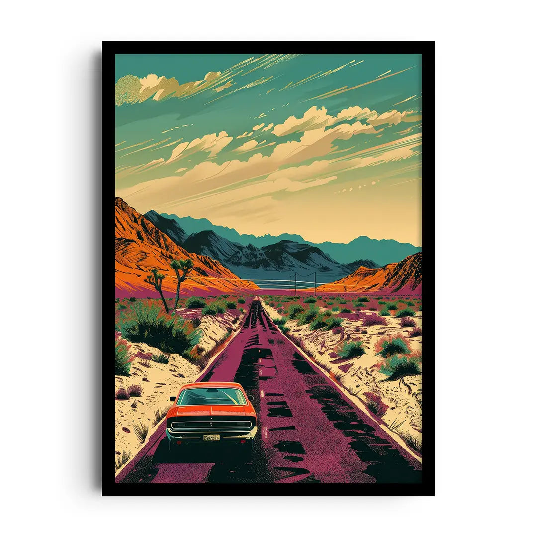Framed poster of an open-road travel scene with sweeping lines and warm colors, road trip wall art