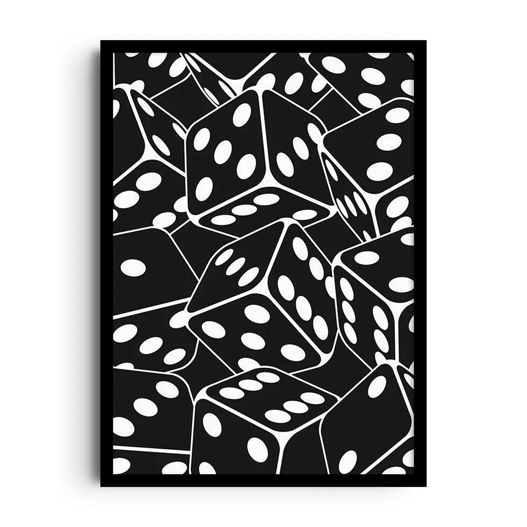 Framed poster of rolling dice in a dynamic composition, playful tabletop game wall art