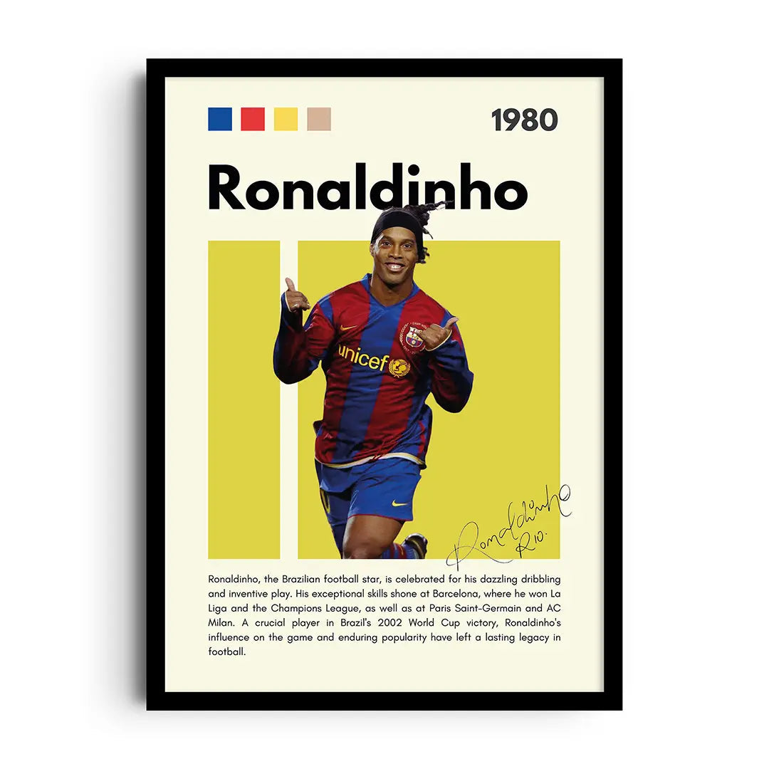 Framed poster of Brazilian football legend Ronaldinho in joyful motion with expressive colour
